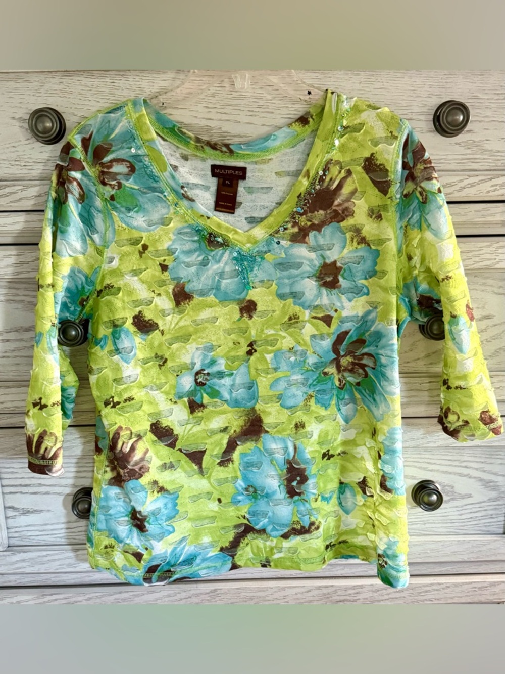 Multiples Lime Green Floral V-Neck Knit Top with Blue & Brown Accents